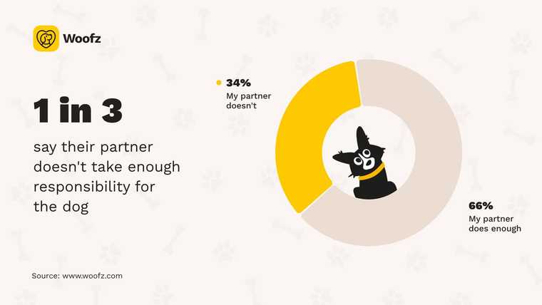 Woofz donut chart with an illustrated dog at center. 34% of respondents say their partner doesn't take enough responsibility for the dog. 66% say their partner does enough.