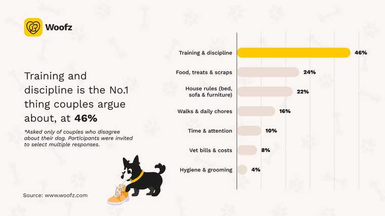 Woofz bar chart showing the top sources of disagreement between dog-owning couples. Training and discipline leads at 46%, followed by food and treats (24%), house rules (22%), walks (16%), time and attention (10%), vet bills (8%), and grooming (4%).