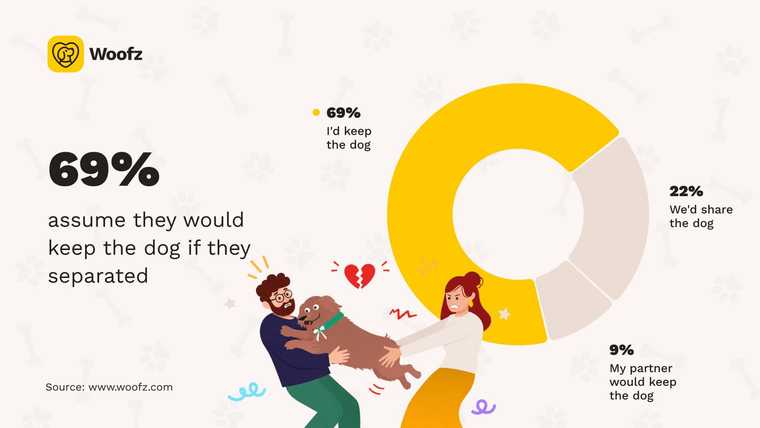 Woofz donut chart on dog custody assumptions. 69% of dog owners believe they would keep the dog after a breakup, 22% expect to share, and 9% think their partner would keep the dog. An illustrated couple tugs a dog between them.